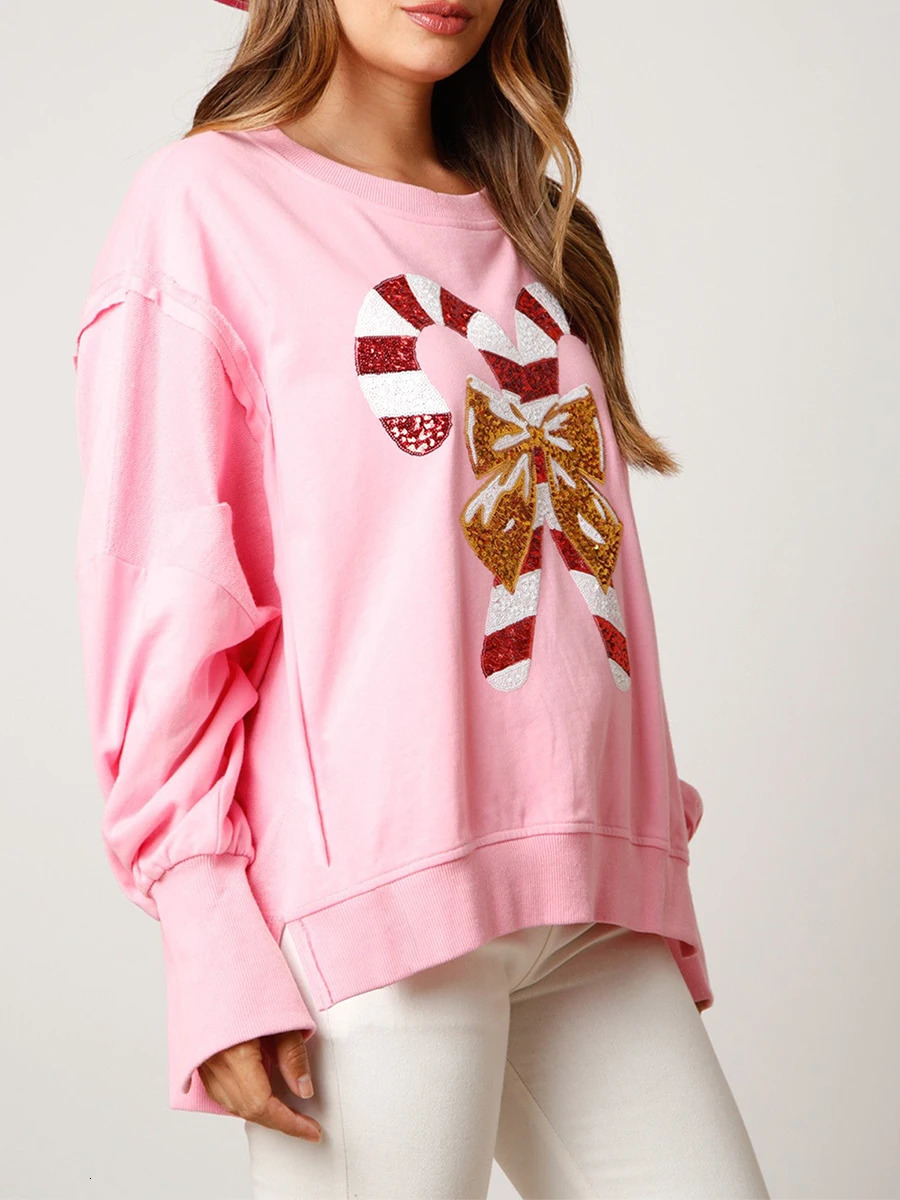 Women Christmas Sequin Sweatshirt Candy Cane Holiday Top Oversized Long Sleeve Sweatshirts Side Slit Sparkly Pullover 241025