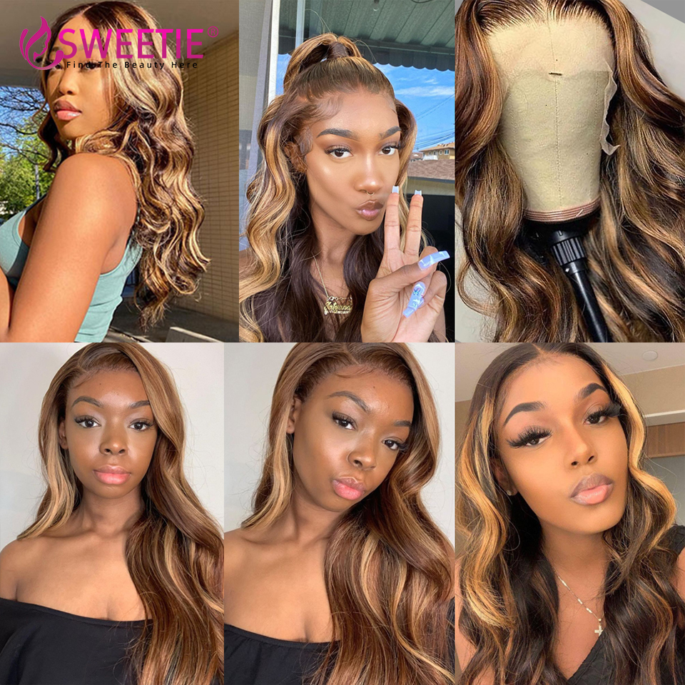 Sweetie Highlight Body Wave P4/27 Colored Ombre Front Human Hair 180% Density Piano Color 13x6 Lace Frontal Wig