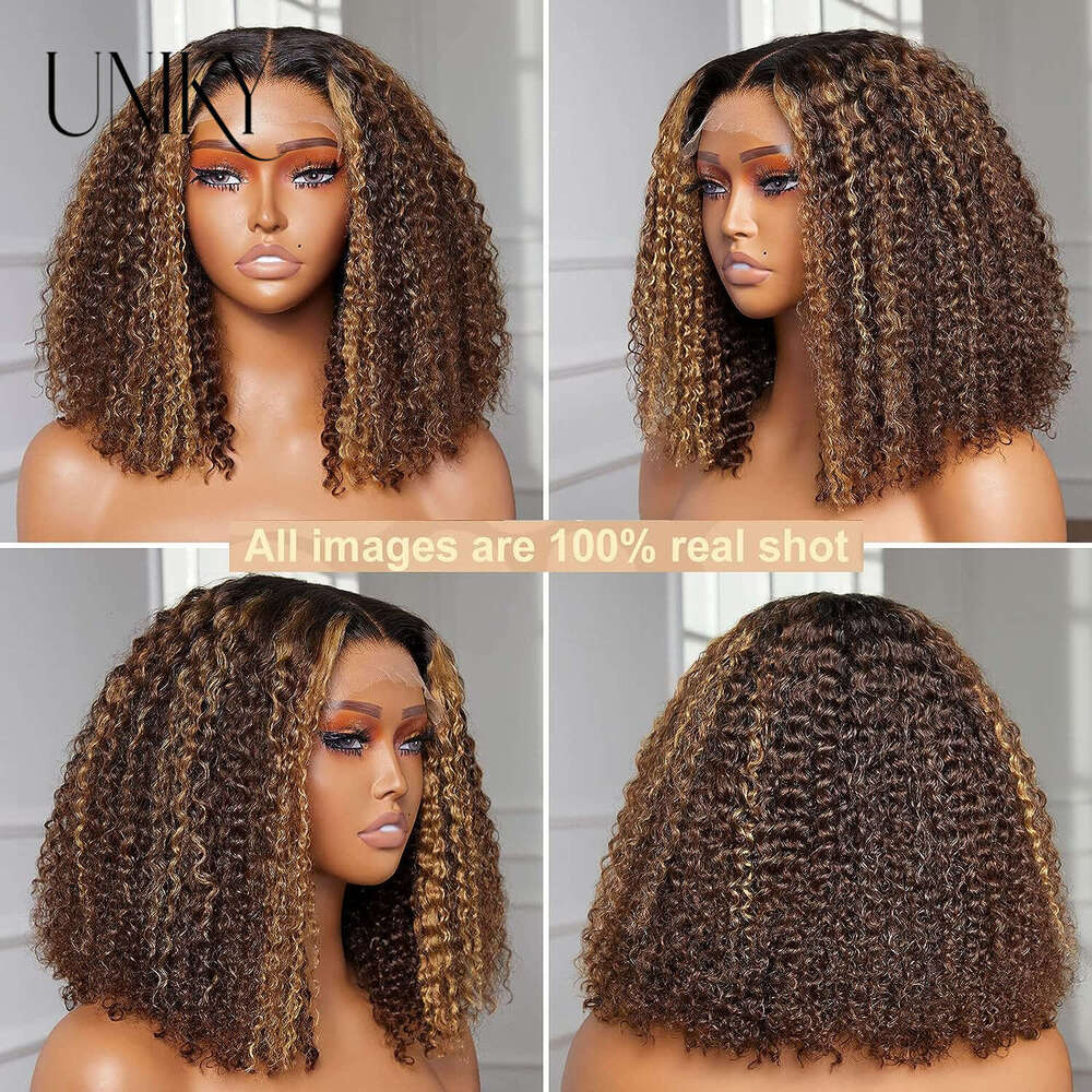 P4/27 Highlight Curly 13X4 Lace Front Brazilian Remy Human Hair Wigs Ombre Brown Deep Wave Short Bob Wig For Women