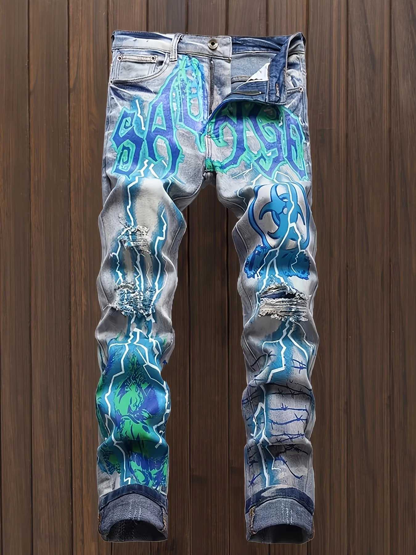 Mens Gothic patterned printed denim pants fashionable casual jeans Strt Style Trousers X2410261