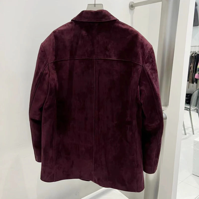 French high-end Western style womens leather jacket purple red oversized casual rens suede suit jacket 241025