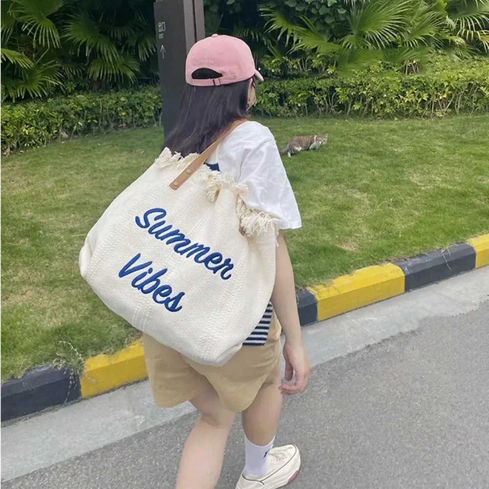 New Fashion Tassel Tote Bag Woven Canvas Bag Embroidered Alphabet Handbag Womens Large Capacity Shoulder BagC250412