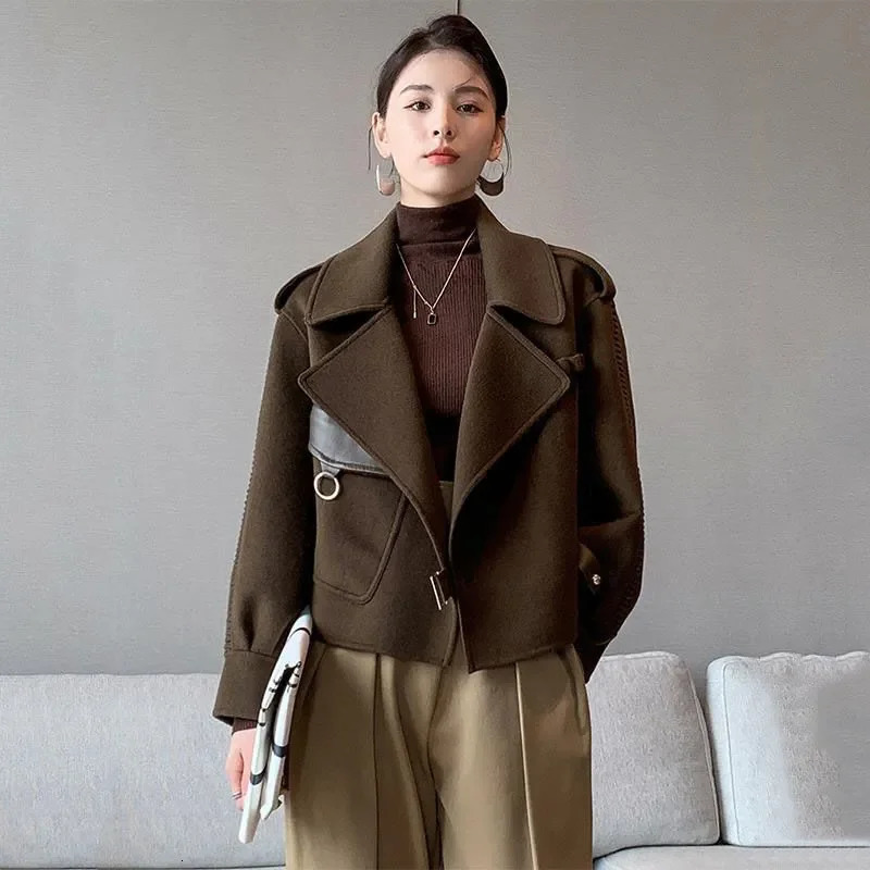 Womens Autumn Coat 2023 Pockets Solid Loose Short Jackets Ladies Wool Blends High Street Winter Woolen Coats for Women FWE60 241025