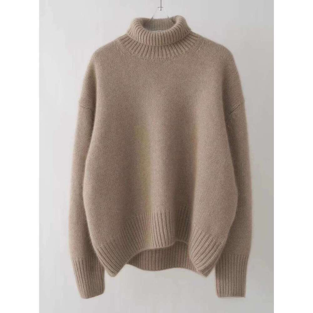 Autumn Winter New High Collar 100% Pure Cashmere Thick Knit Pullover Sweater Women Loose Languid Breeze