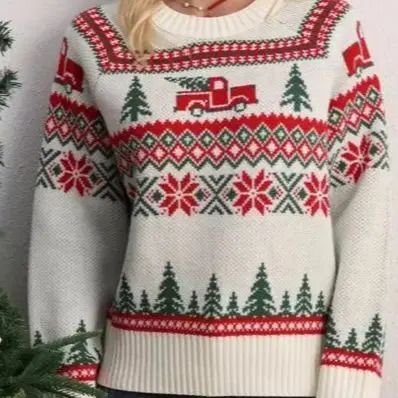 Autumn and Winter Classic Casual Lazy Christmas Tree Jacquard Embroidery Round Neck Pullover Sweater 241025