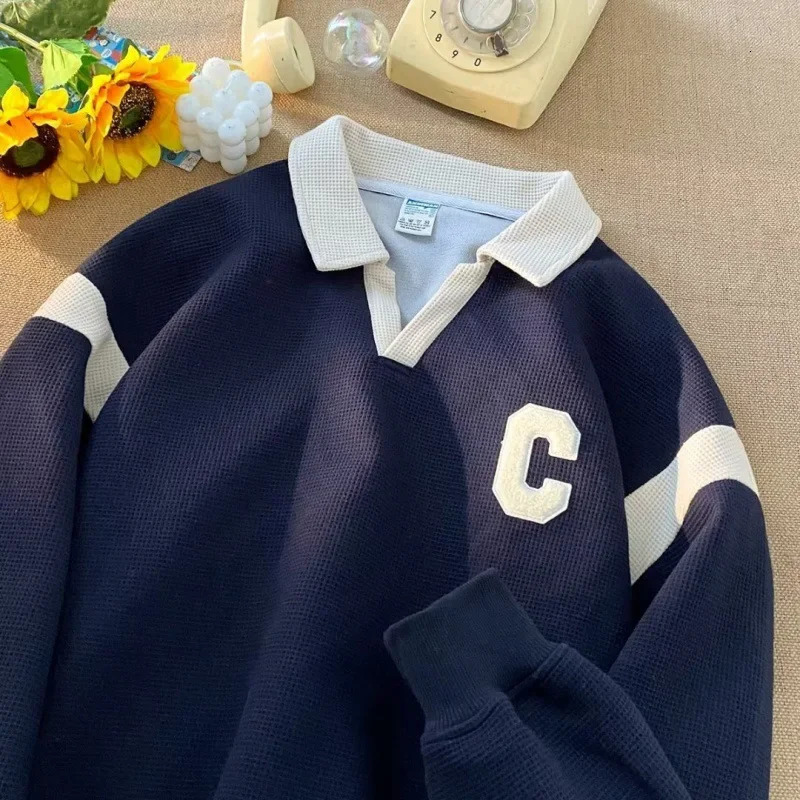 2024trendy Preppy Style Color Block Long Sleeve Polo Shirt Men Embroidery Letter American Vintage Fit Half Zip Sweatshirt 241025