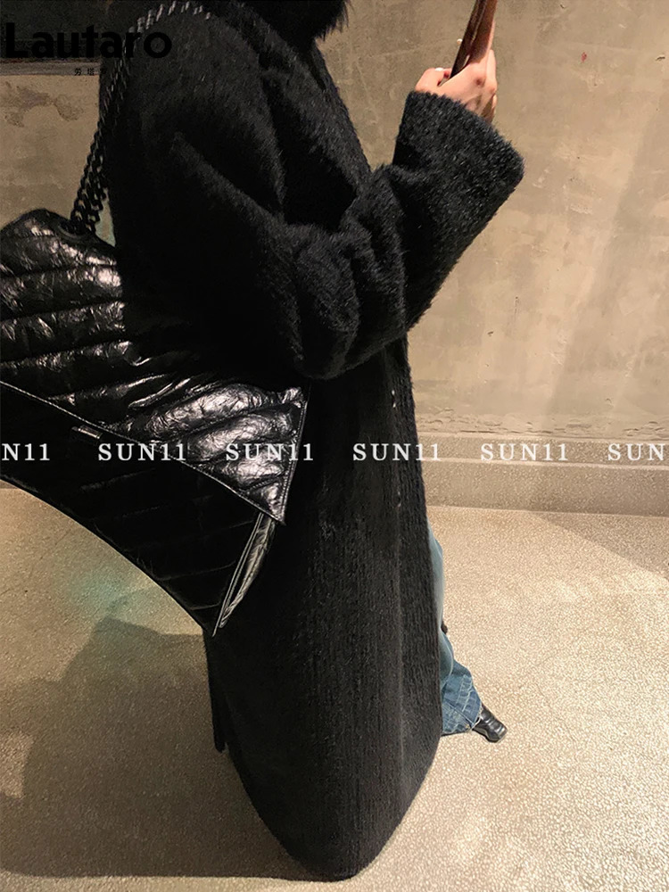 Lautaro Autumn Winter Long Black Thickened Warm Wool Blends Coat for Women Double Breasted Fashion in Outerwears 241025