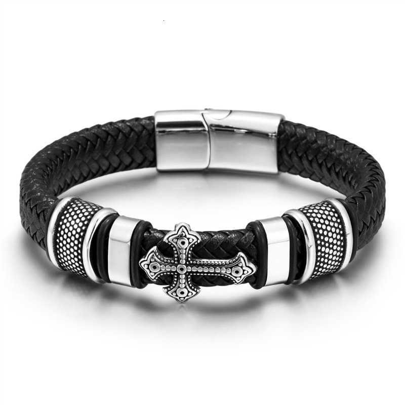 handmade PU woven cross men's leather bracelet trend