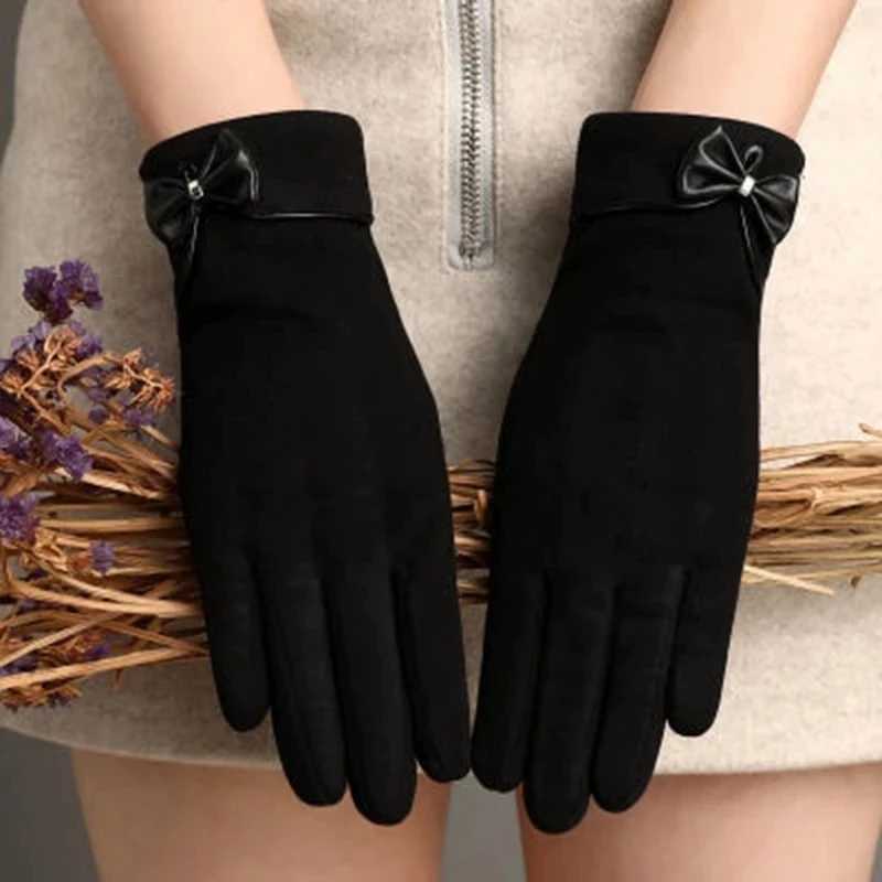 Womens Winter Cashmere Plus Velvet Plush Full Finger Bicycle Warm Gloves Womens PU Leather Bow Touchscreen Driving G H80 W241026