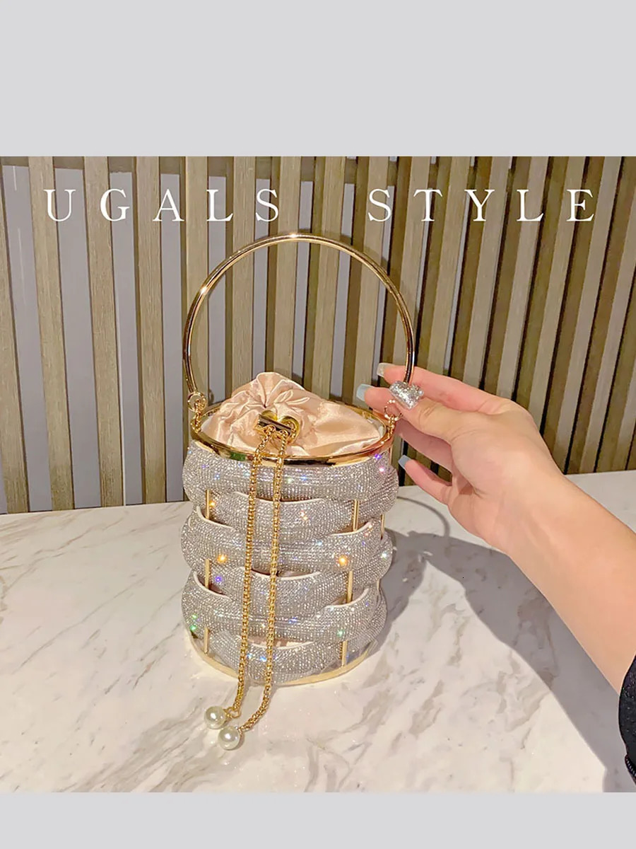 Womens rhinestone bucket bag womens clutch bag womens boutique multi-color crystal hollow metal wallet and handbag wedding 241025