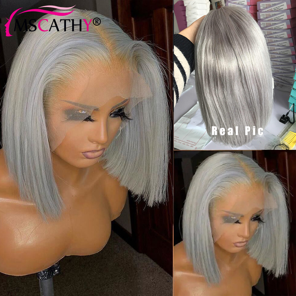 Green Short Straight Human Hair Wigs For Women 613 Blonde Colored Transparent Lace Frontal Preplucked Grey Color Bob Wig