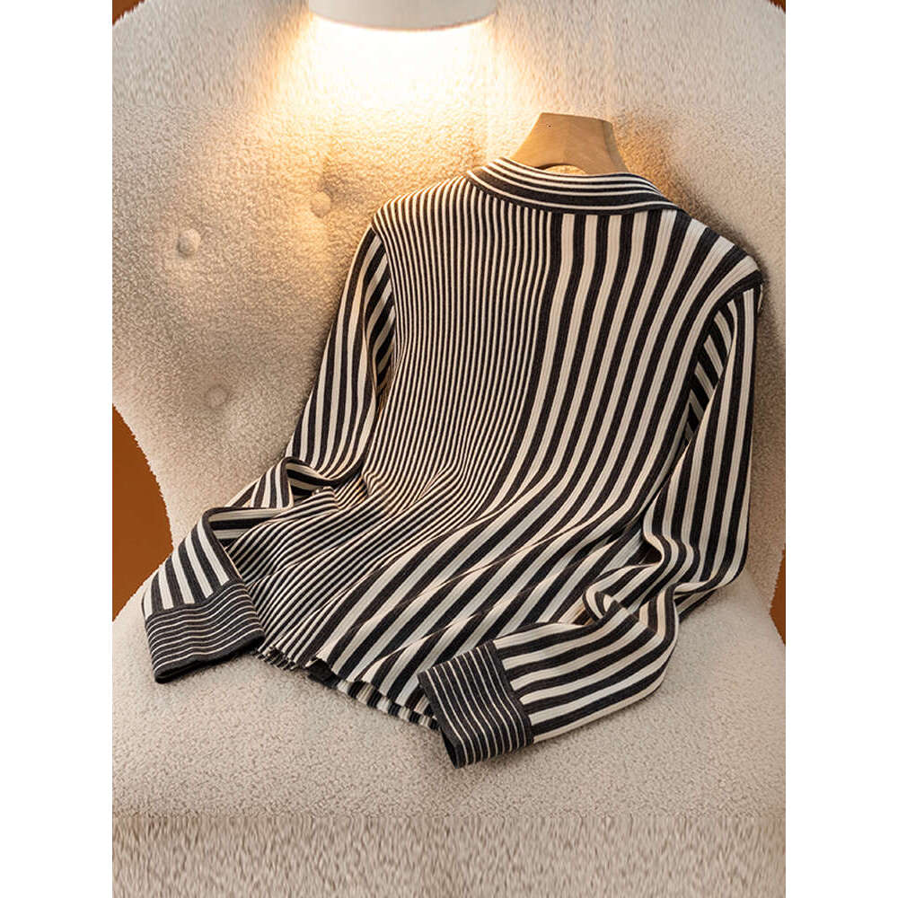 Women Striped Sweater 100% Merino Wool Cardigan Office Lady Cashmere Knitwear Shirt Spring Autumn Winter Female Clothing