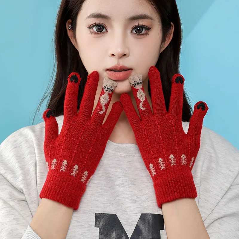 2024 Christmas Winter Gs Womens Touch Screen Keep Warm and Cold Thick Loop Knitted Wool Brushed Red Gs W241026