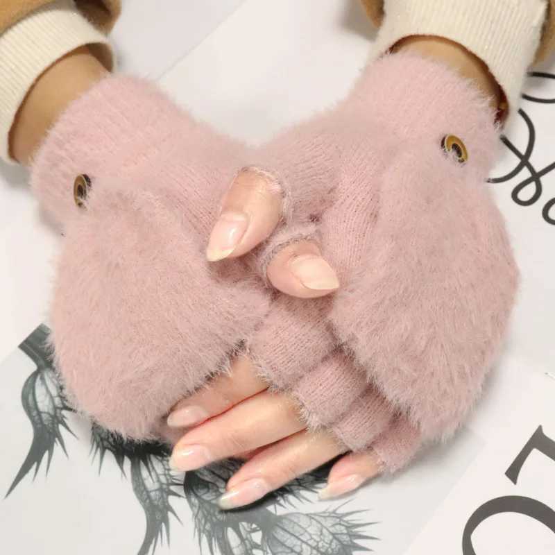 Winter flip womens Gs cute warm knitted wool half finger clip shell Kaii Gs suitable for female students writing plush Gs W241026