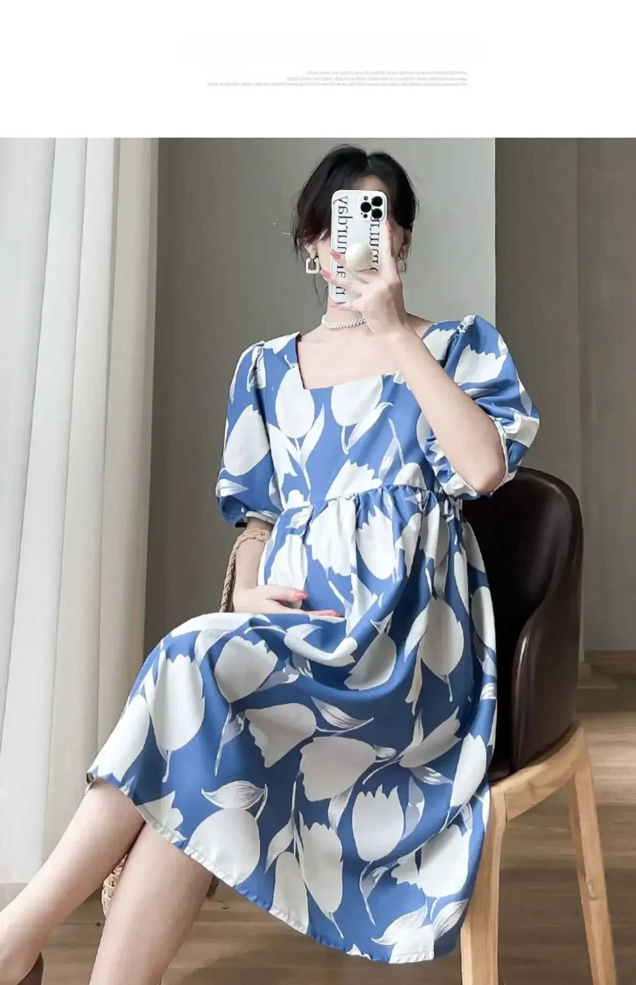 Fashion maternity dress Summer sleeve square neckline printed loose dress Summer Internet celebrity maternity dress W241026