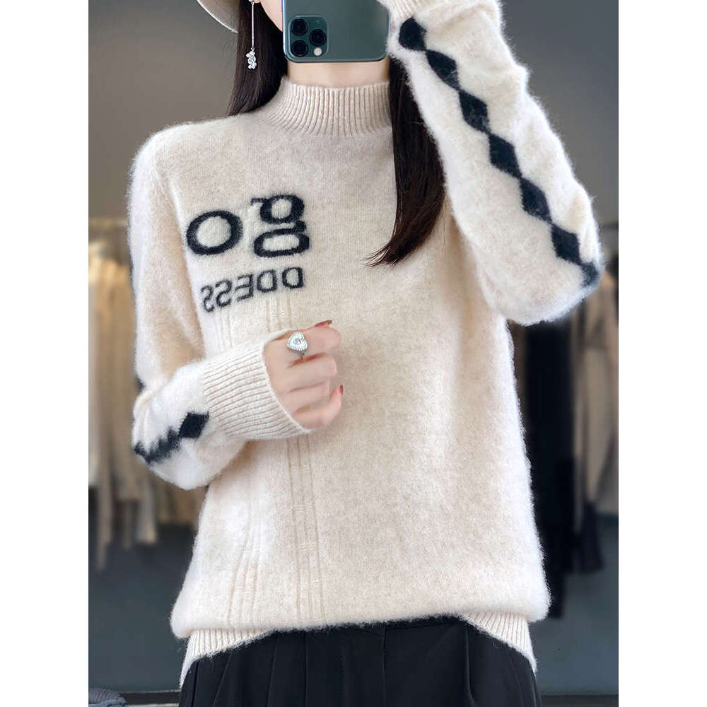 Long Sleeve Autumn Winter Sweater Half-High Collar Pullover 100% Merino Wool High Quality Cashmere Knitwear Korean Fashion Tops