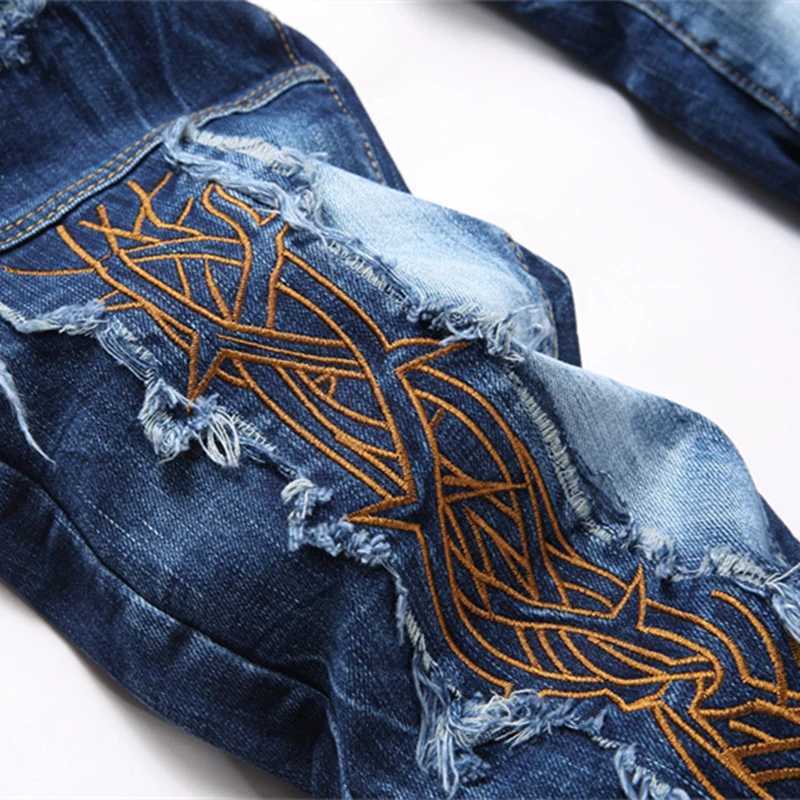 New punk style blue ripped applique embroidered jeans straight leg mid waist stretch mens jeans hip-hop T-shirt X241026