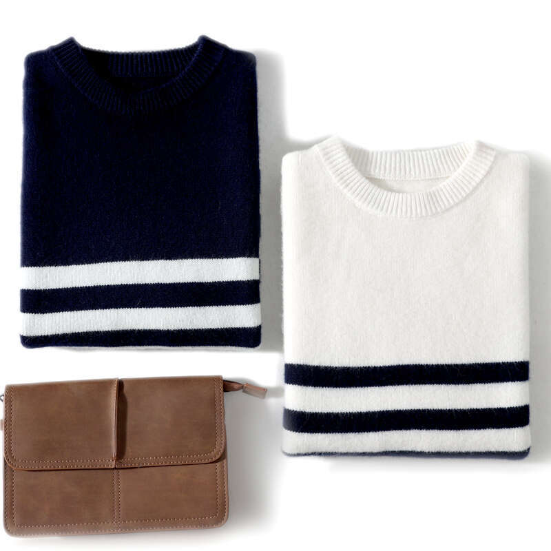 Men's 100% Merino Wool Sweater Autumn Winter Thickened Long Sleeve O-Neck Pullovers Loose Striped Knit Shirt Casual Warm Tops