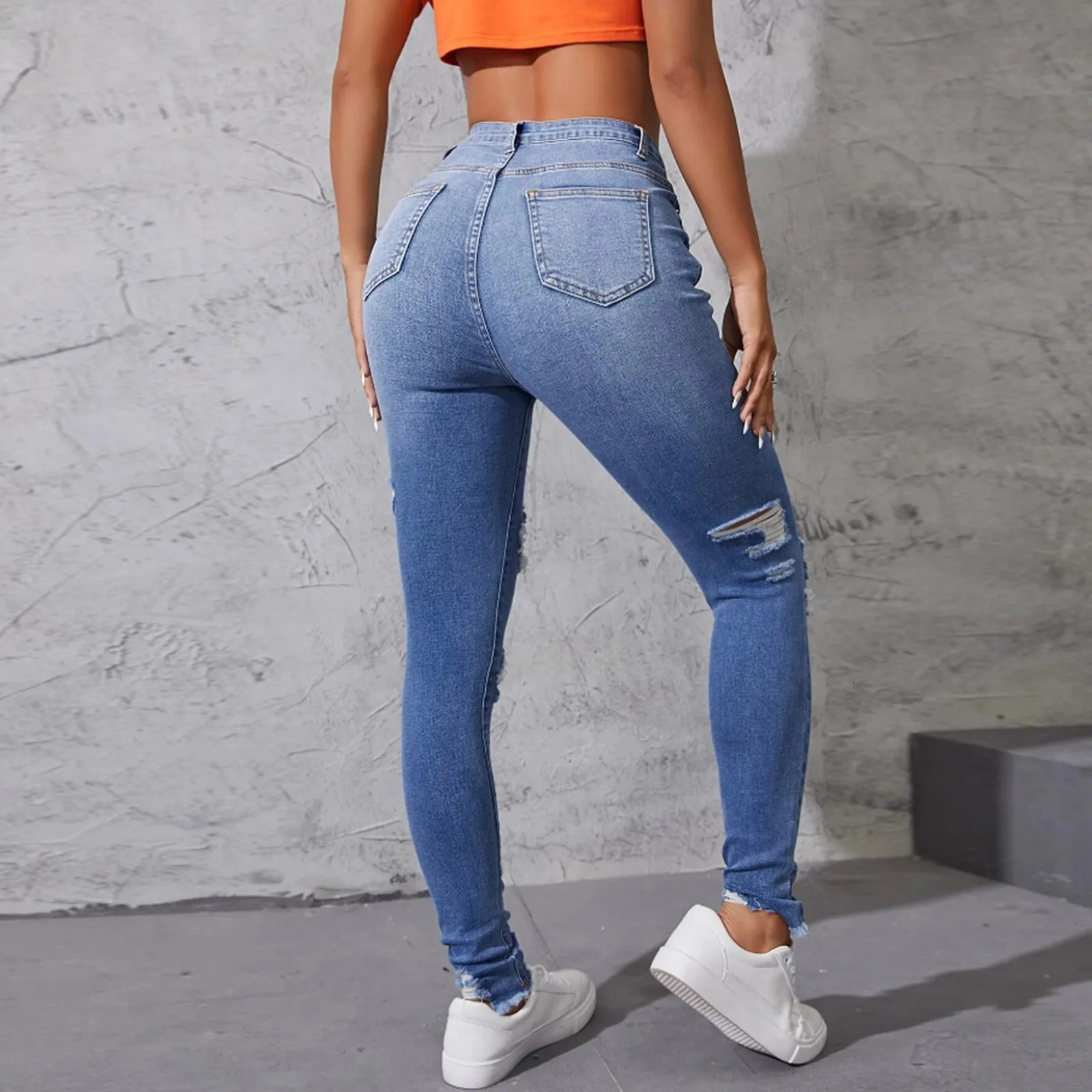 Womens Hole Jeans 2024 Ripped Skinny Pants For Women Raise Tail Push Up High Waist Denim Trousers 241025