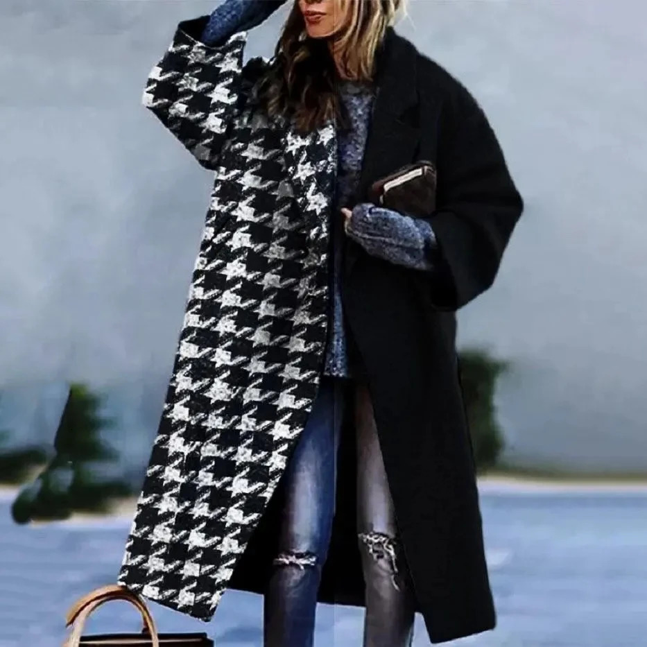 2023 Autumn Winter Womens LongSleeved Lapel Coat Printed Tweed Long Windbreaker Wool Blends Coats And Jackets S3XL 241025