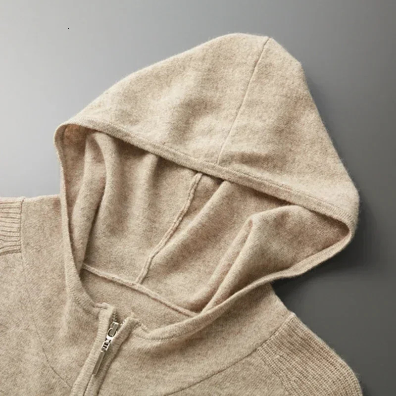 100% Cashmere Suit Men Hooded Zipper Cardigan Autumn Winter Knitted High Waist Trousers Fashion Solid Color Sweater 241025