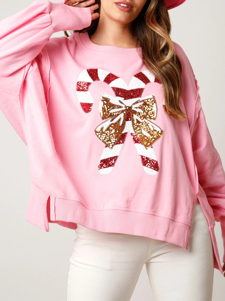 Women Christmas Sequin Sweatshirt Candy Cane Holiday Top Oversized Long Sleeve Sweatshirts Side Slit Sparkly Pullover 241025