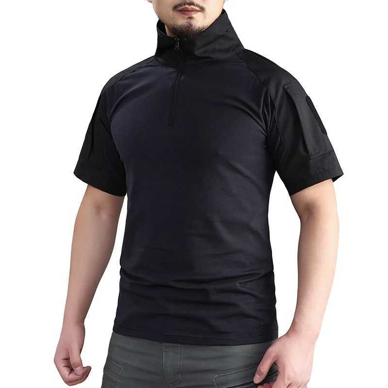 Summer Short Sleeve Battle Shirt Mens 1/4 Zipper Cotton Tactical Shirt Navy Blue Outdoor Shirt with Zipper Pocket W241026