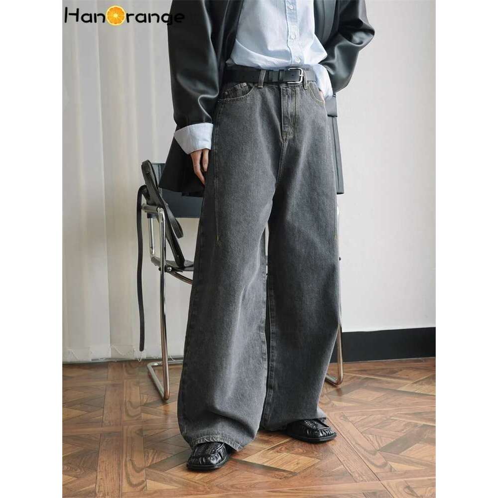 Hanorange 2024 Autumn Vintage Personalized High Waist Wide Leg Jeans Women Loose Washed Casual Denim Pants Female Cool Ash Gray