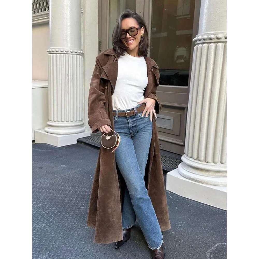 Women Khaki Faux Leather Long Coat With Belt Fashion Double-Breasted Lapel Oversize Overcoat Autumn Female High Street Outwear