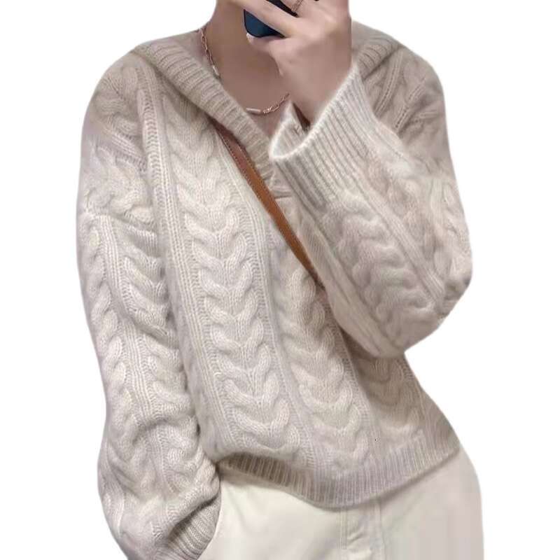 Autumn And Winter Hooded Pullover Pure Cashmere New Languid Lazy Loose Knitting Sweater Women Add Thick Twist Sw
