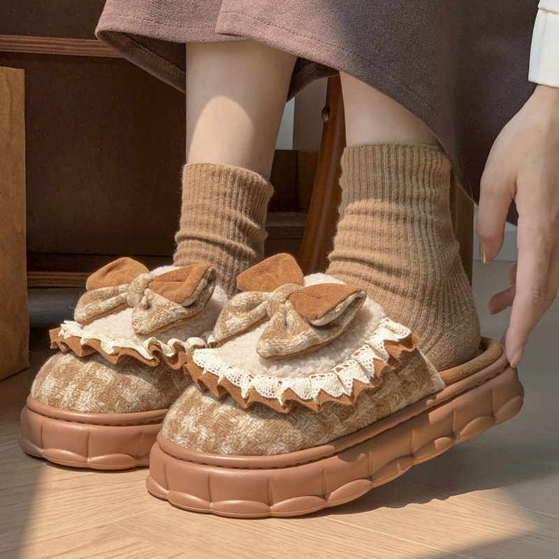 Butterfly Knot Cotton Slippers Women: Plush, Thick Sole for Height Increase, 2023 Release e5b1