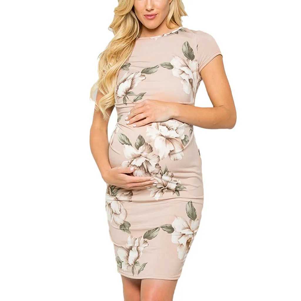 Womens maternity dress fashionable short sleeved O-neck printed maternity dress floral close fitting clothing W241026