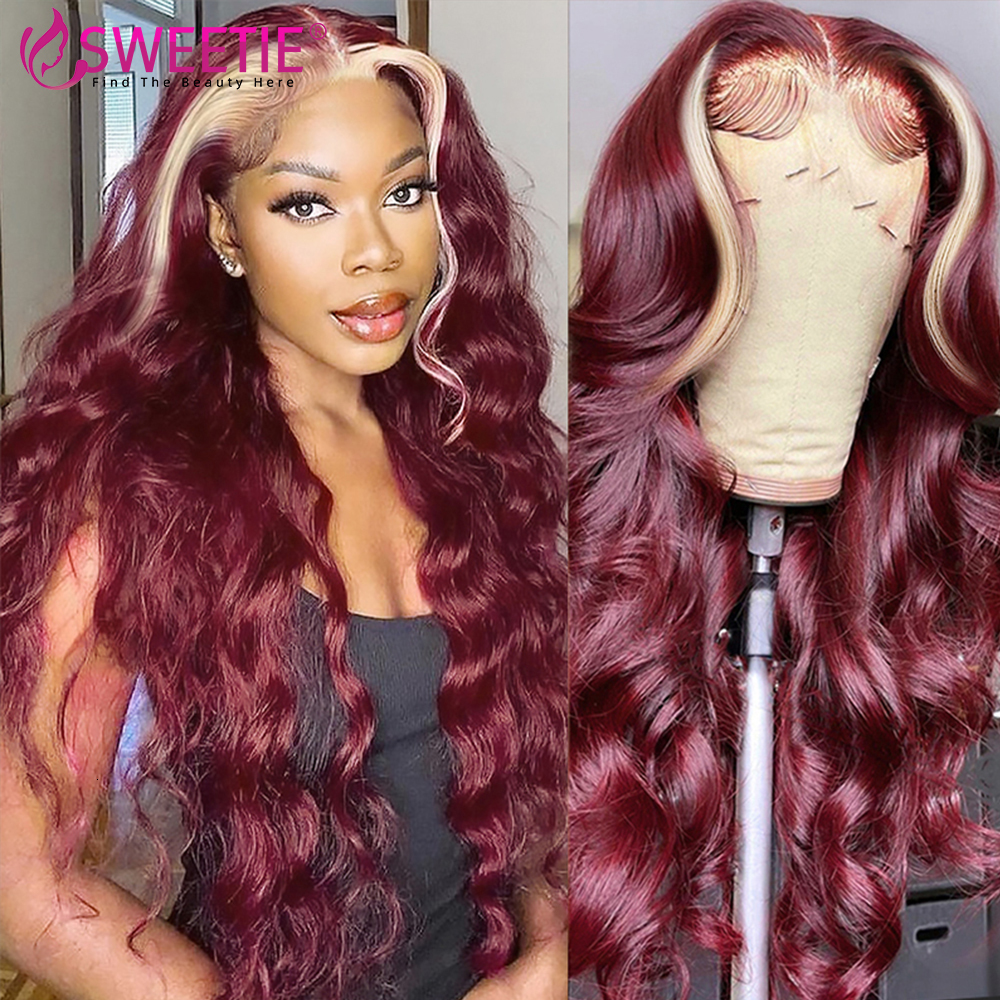 Bury 99j Red With 613 Blonde Stripe Front Wig Pre Plucked 180% 13x6 Human Hair 13x4 Lace Frontal Wigs
