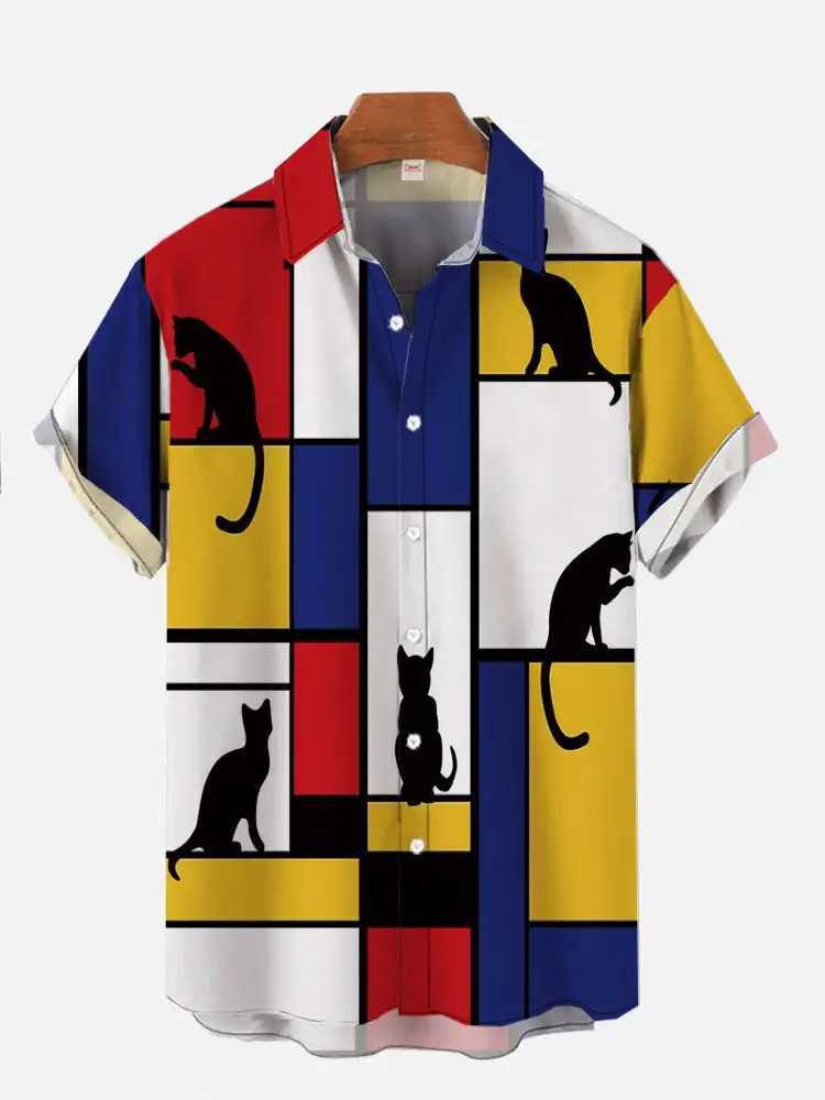 Cute cat print casual shirt for men wearing 3D printed classic short slip shirt every day fashionable Haian shirt Harajuku mens style W241026