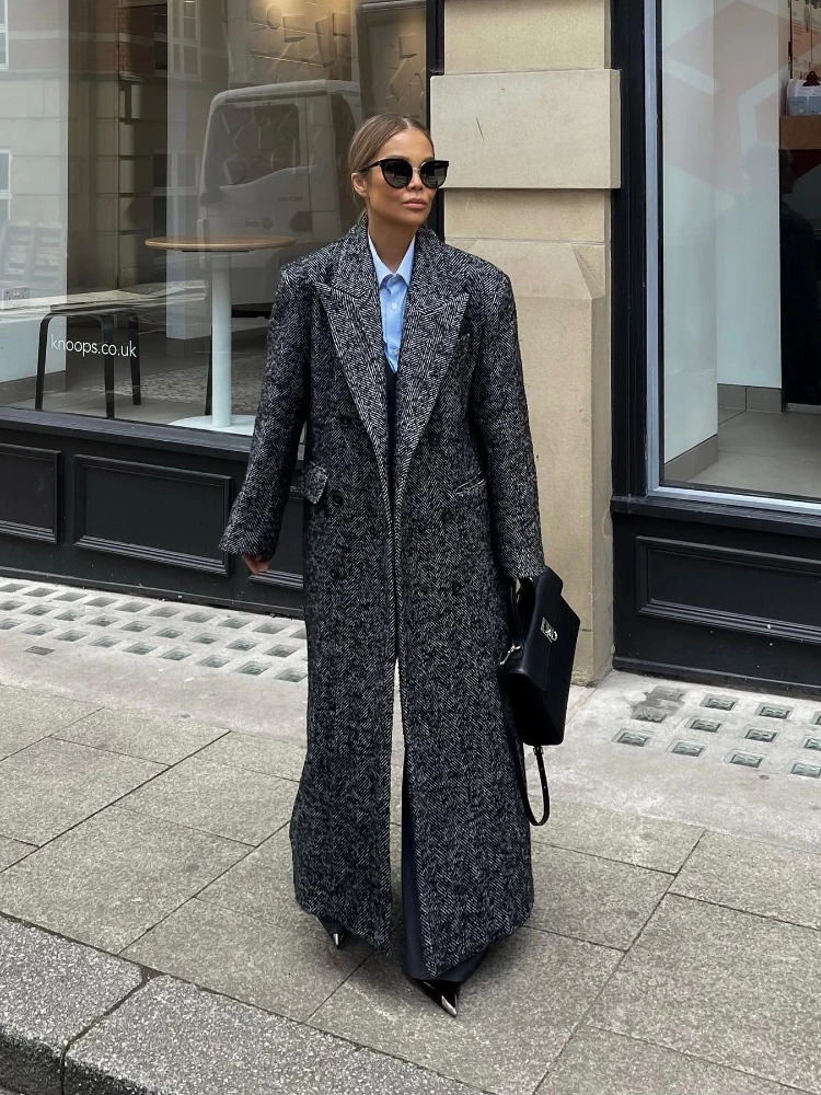 RR2786 Black White Striped Doublebreasted Trench Coat Wool Blend XLong Jackets For Women High Cut Up Back Winter Jacket 241025