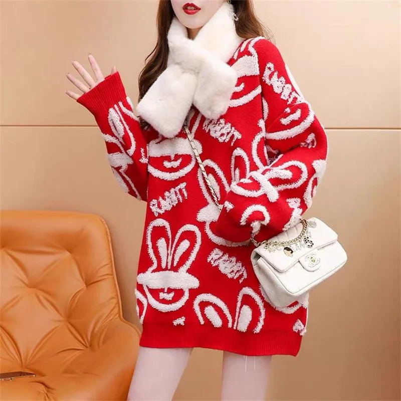 Rabbit Year Red Christmas Thick Sweater Womens Medium to Long Feels Internet in Super Autumn/Winter Mod 241025