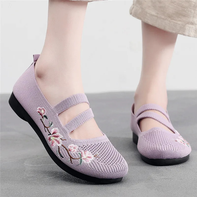 Grandmas Flat Casual Knitted Mary Jane Womens Shoes Summer Breathable Wool Soft Lavender Flat Womens Shoulder Strap Shoes 241024