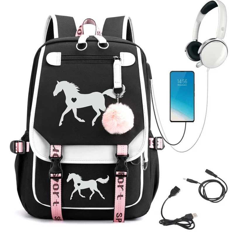 Schoolbag for Girls Large Capacity High School Student Backpack Horse Heart Carto Bagpack Usb BookbagXJ241026