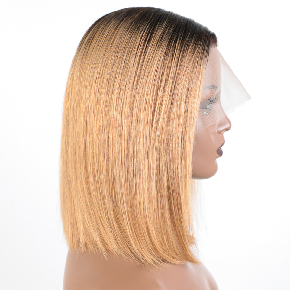 Lekker Ombre Gold Blonde Short Straight Bob 13x1 Lace Front 100% Human Wigs For Women Glueless Brazilian Remy Hair Colored