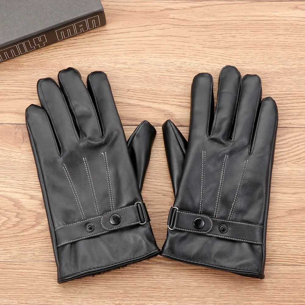 1 pair of mens wool hot leather Gs winter warm touch screen windproof and waterproof driving Gs all finger black Gs W241026