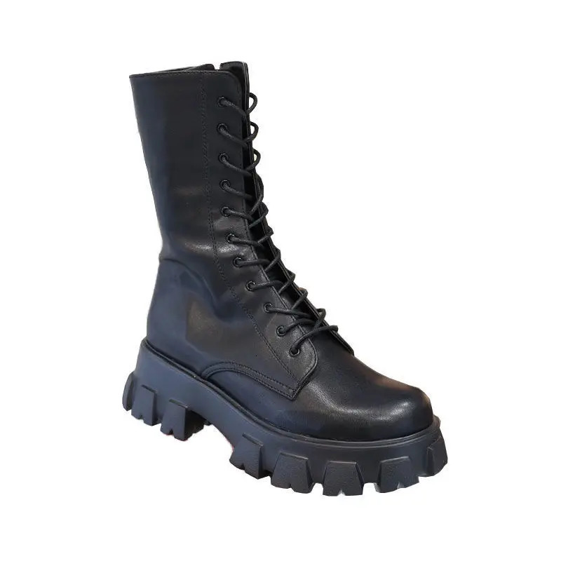 Mid Calf Boots Women Autumn Winter Fashion Lace-up Ladies Chelsea Zipper Botas Mujer Boots Sports Platform Heel Ladies Shoes 241025