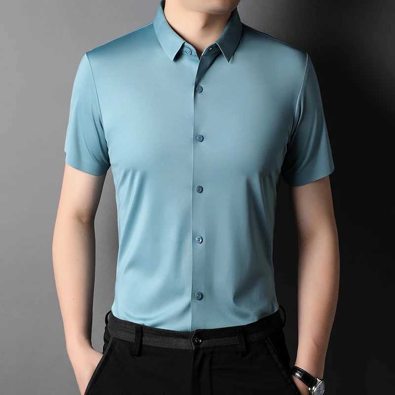 MLSHP High Elasticity Summer Mens Shirt Luxury Short Slip Solid Color Seamless Business Casual Mens Dress 4XL W241026