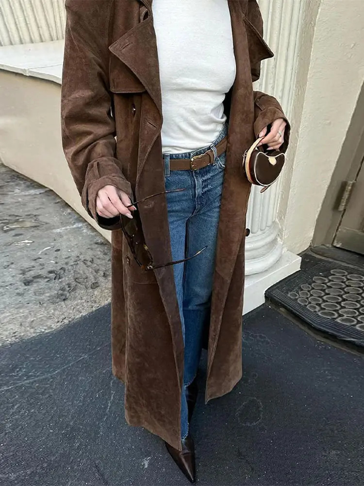 Fashion Brown Women Deer Fur Coat Chic Lapel Long Sleeve Doublebreasted Windbreaker Autumn Lady High Street Outwear 241025