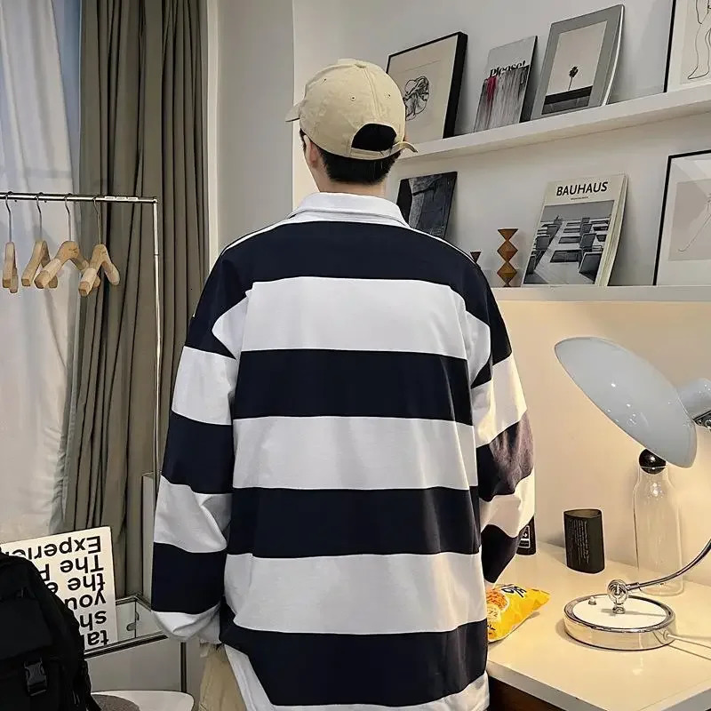 Spring Autumn Long Sleeve Polo Shirt Mens Striped Japanese Style Loose Fit Versatile Trendy Lapel Tshirt Top For Youth 241025