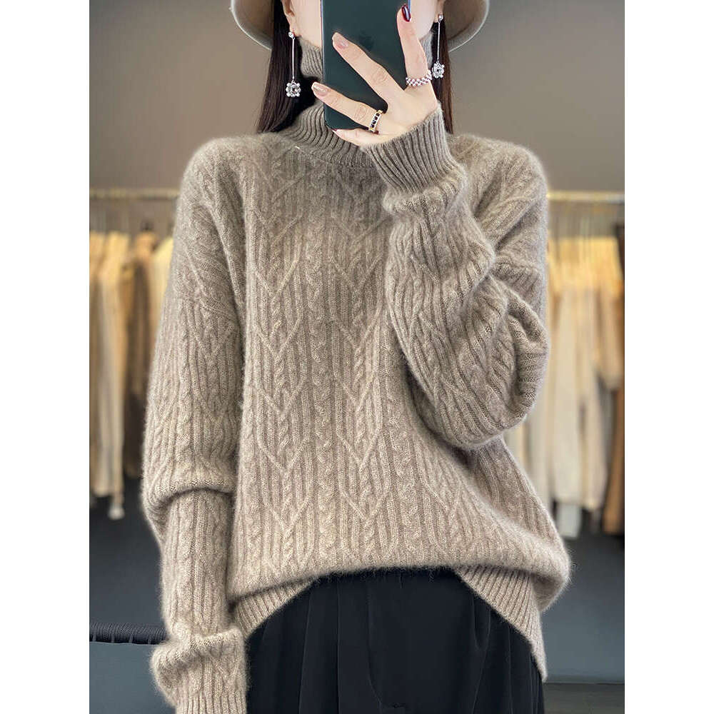 Autumn Winter Loose Thick Women 100% Merino Wool Mock-Neck Solid Pocket Cashmere Sweater Female Clothing Top