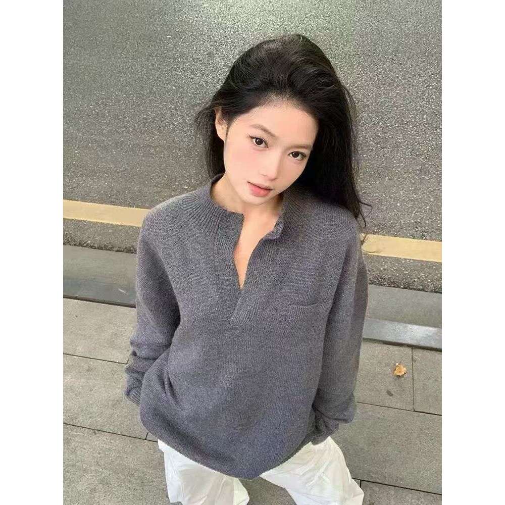 Fall 2024 New Gray Pullover 100% Cashmere Top Loose Long Sleeve Sweater Women