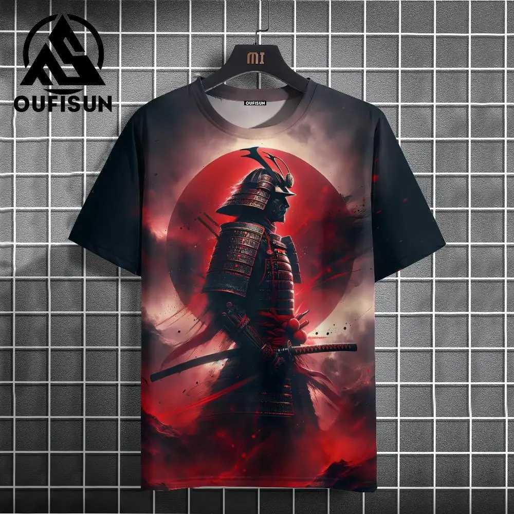 Japanese style mens T-shirt warrior pattern printed T-shirt casual loose shorts Ts oversized mens summer top W241026