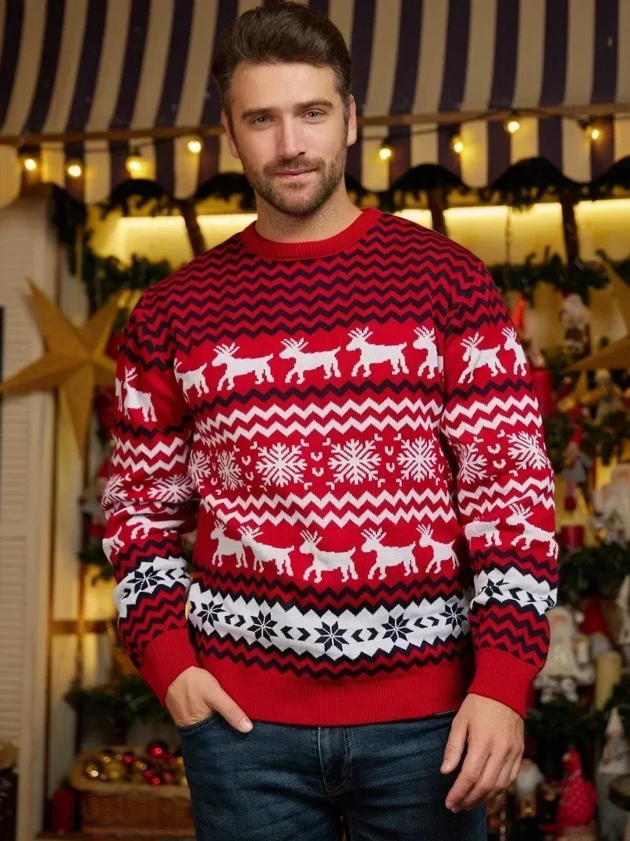 2024 Christma Men Kids Matching Outfits Knit Sweater Jacquard Jumper Long Sleeve Pullover Female Warm Thick Top Xmas Look 241025
