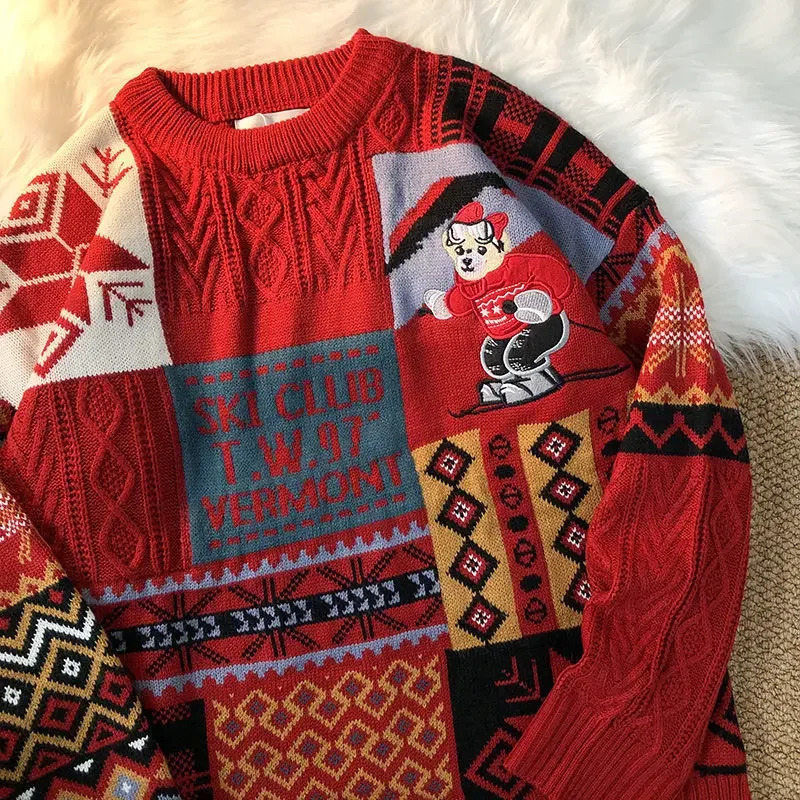 Round neck sweater Christmas Y2K retro bear ladies and men loose autumn winter fashion woolen clothes trend ins 241025