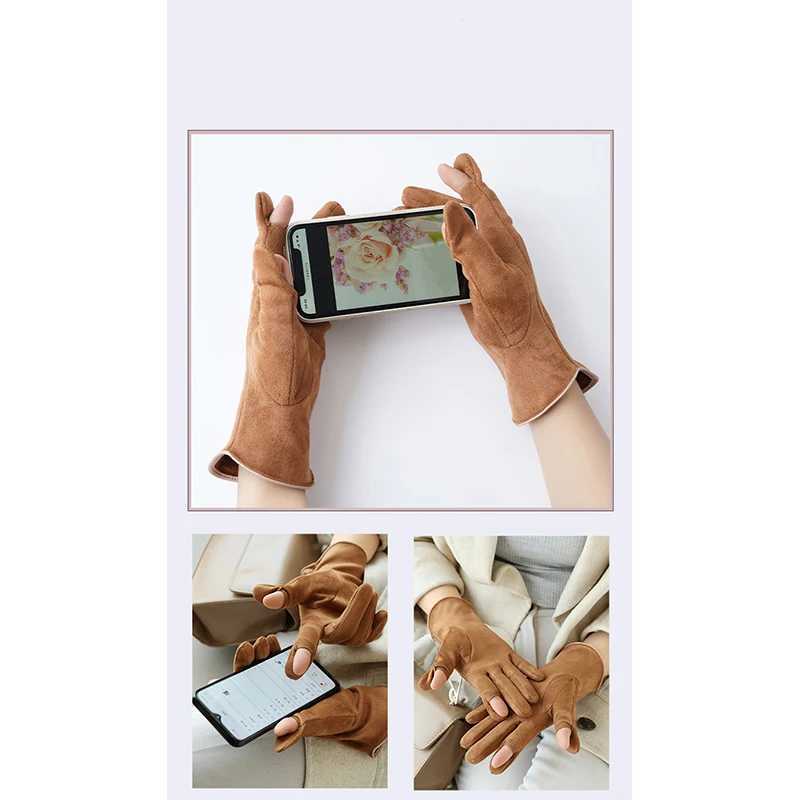 Womens autumn and winter warm touch screen thin cashmere solid simple Gs bicycle drive suede fabric elegant windproof W241026
